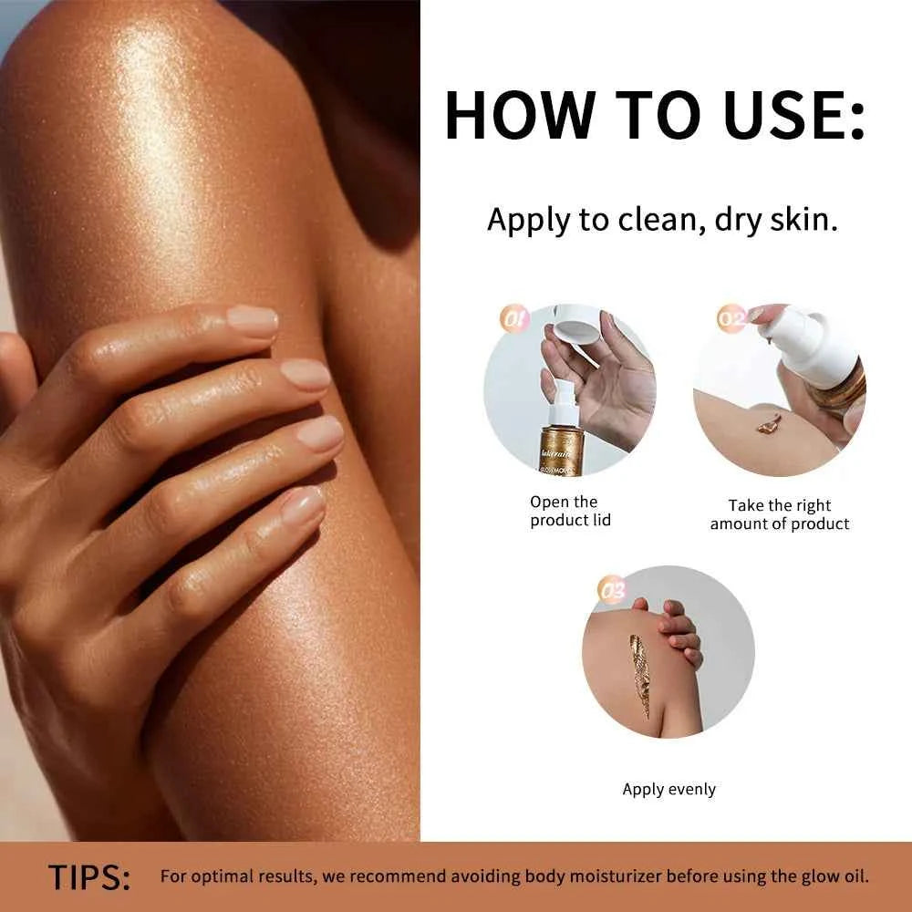 Lakerain Glowmotions Glow Body Oil 100ml Long Lasting Hydrating Shimmer Bronze Non-Greasy Summer Body Care Glow Oil Makeup