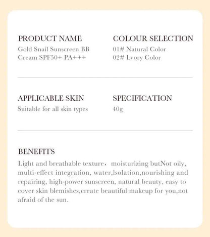 SADOER Gold Snail Sunscreen BB Cream Foundation Concealer Moisturizing Isolation Cream SPF50+PA+++ 40g