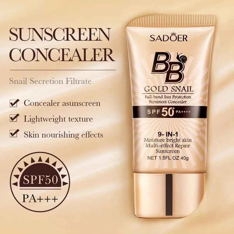 SADOER Gold Snail Sunscreen BB Cream Foundation Concealer Moisturizing Isolation Cream SPF50+PA+++ 40g